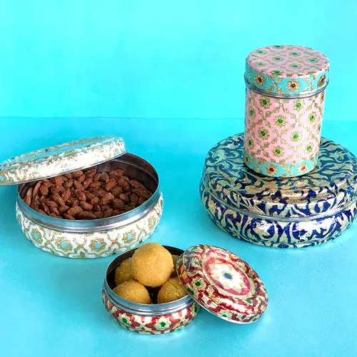 Cylindrical Box Set - Teal Floral with Dry Fruits