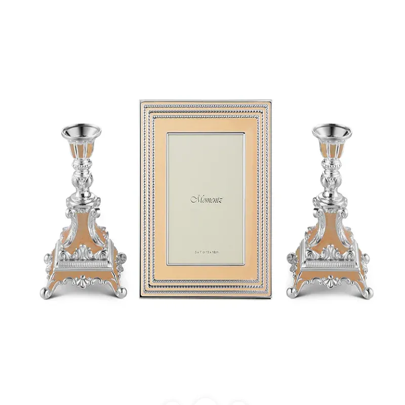 Set of 2 Candle Stand with Photo Frame peach