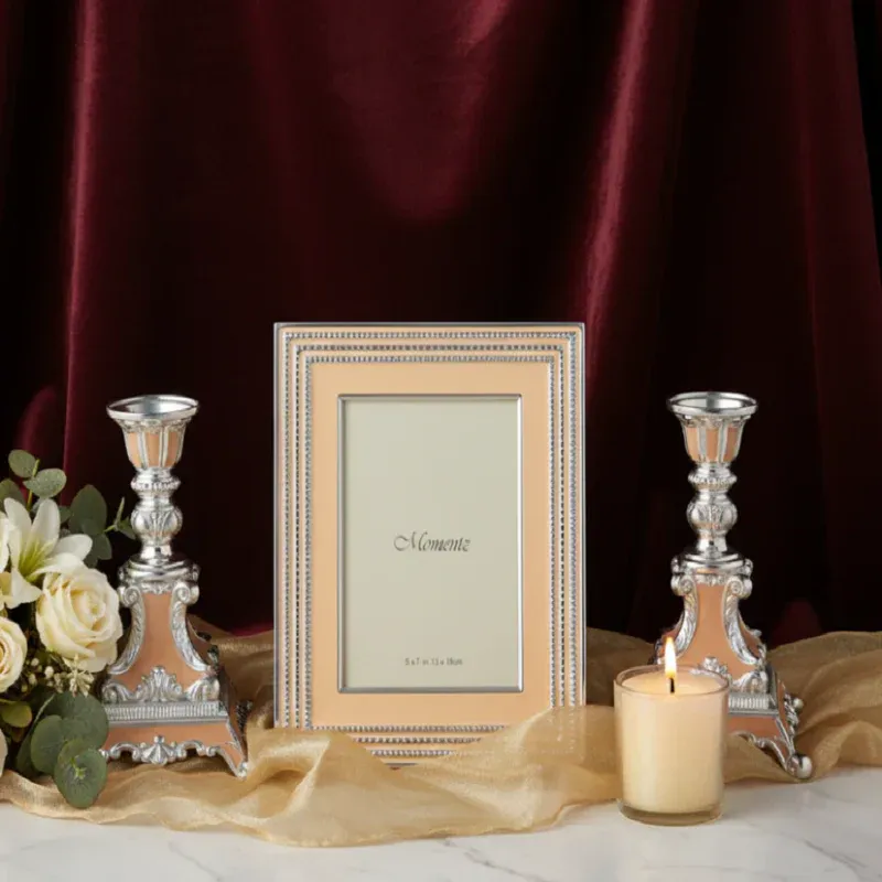 Set of 2 Candle Stand with Photo Frame peach