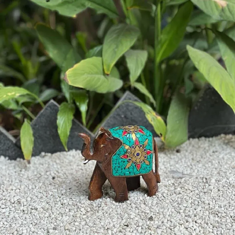 Wooden Elephant W Gem Stone & Brass Work Bronze Finish