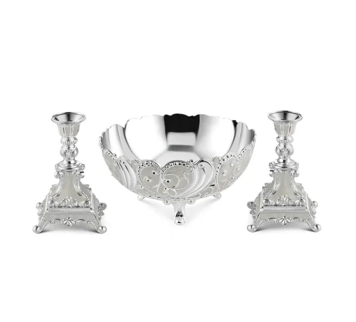 Big Enamel Bowl & Set Of 2 Candle Stand